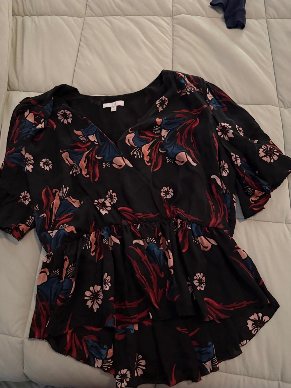 #0096 - Joie Black Floral Peplum Wrap Blouse with Pink and Blue Accents
